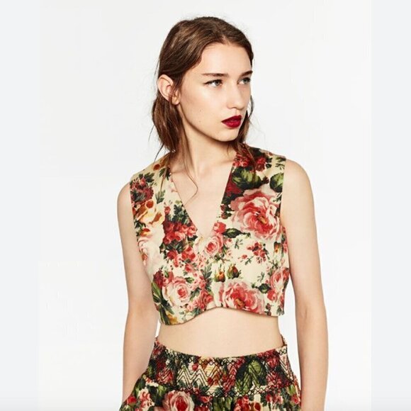 Zara Floral Crop Tank Top S V-Neck Vintage Rose Print Zip Back Summer Flower - Picture 1 of 10